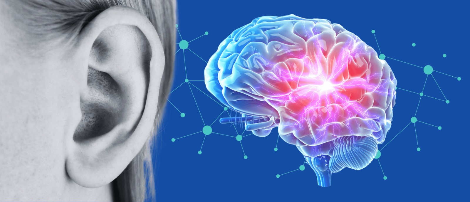 A concerned person holding their ear, with a visual of a brain fading on one side, symbolizing brain shrinkage due to hearing loss – Aanvii Hearing.